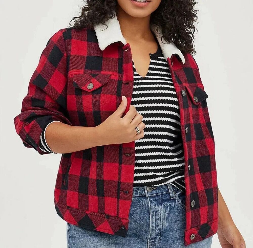 TORRID Buffalo Plaid Moto/Trucker Jacket Womens 2XL Red Cropped Coat 100% Cotton - Picture 2 of 9